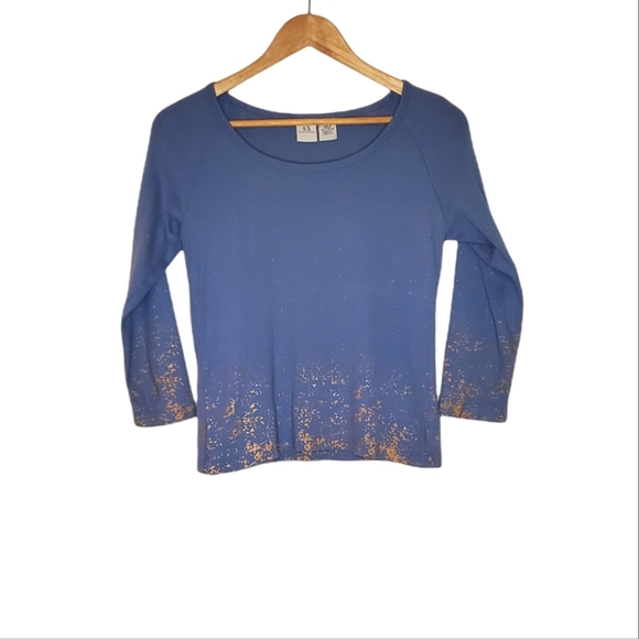 Gold Splash Periwinkle Blue 3/4 Sleeve Armani Exchange Shirt with Paint Accents - Picture 1 of 13